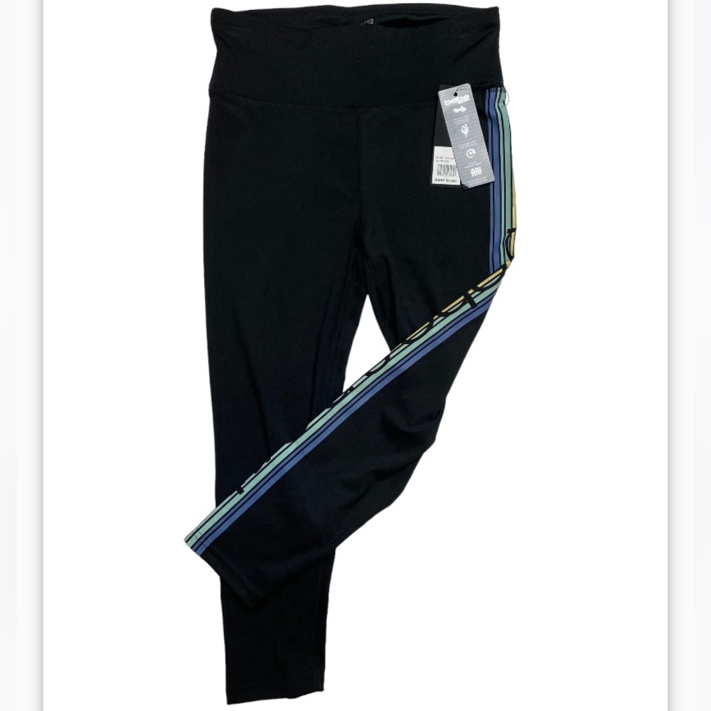 Bebe Sport capris leggings women’s NWT black with stripe design size S